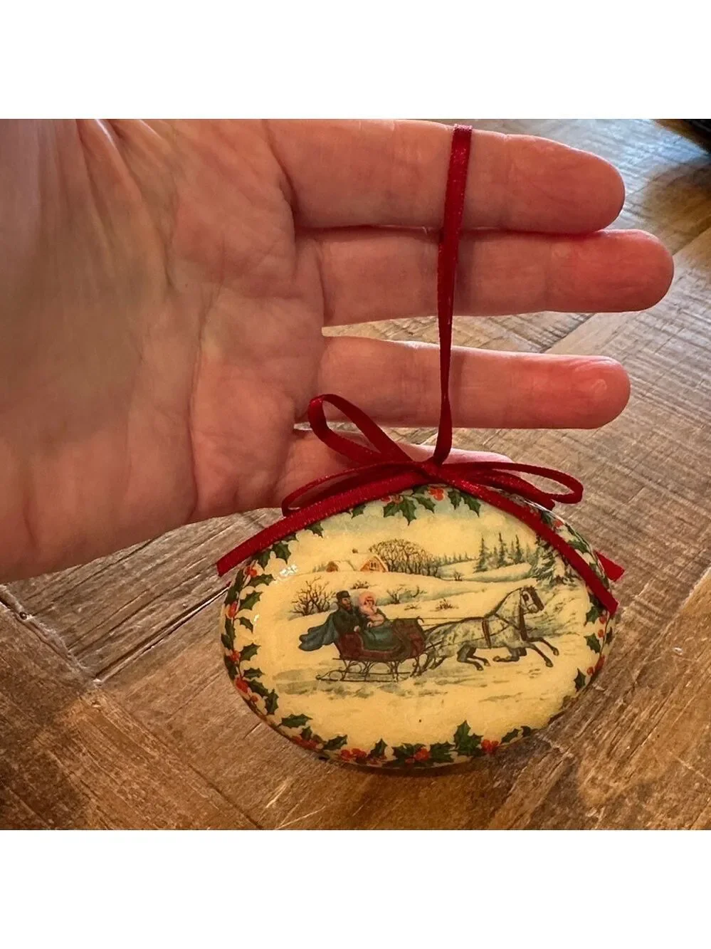 Vintage Christmas 1970’s Victorian Sleigh Ride Styrofoam Ornament W/Red Ribbon